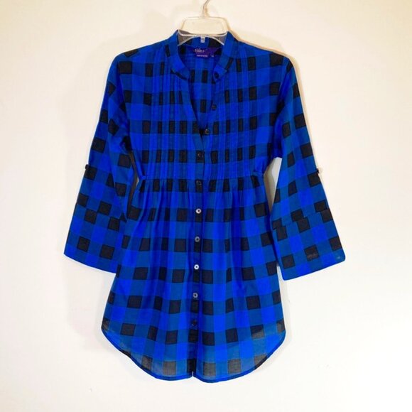 Miley Cyrus & Max Azria Blouse Shirt Plaid Blue & Black Adjustable Sleeve SZ XL - Picture 1 of 10